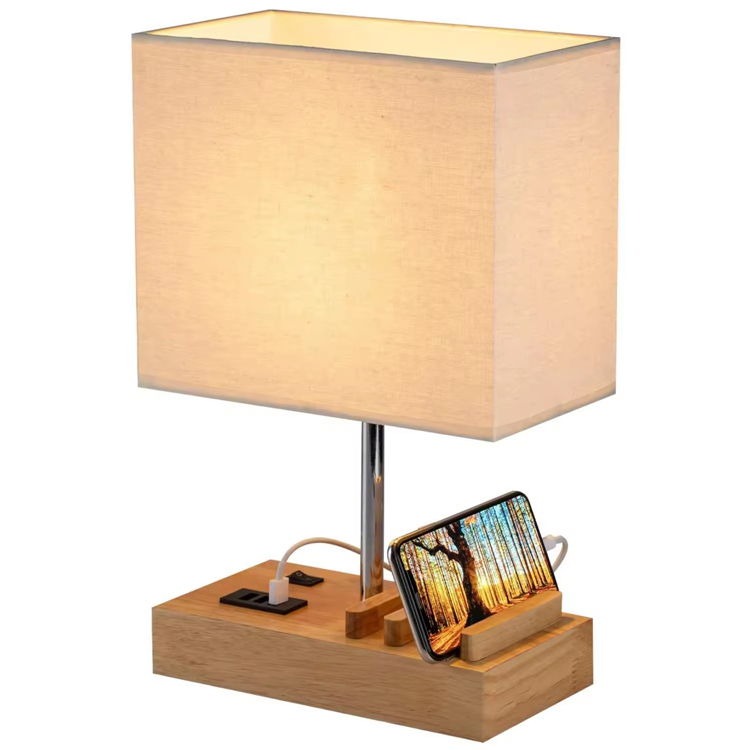 Moderní dřevěná hotelová stolní lampa s nabíjecím portem USB